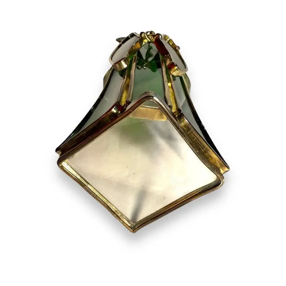 VTG Green Stained Glass Gold Tone Angel Candle Votive Holder Signed Leny 1979